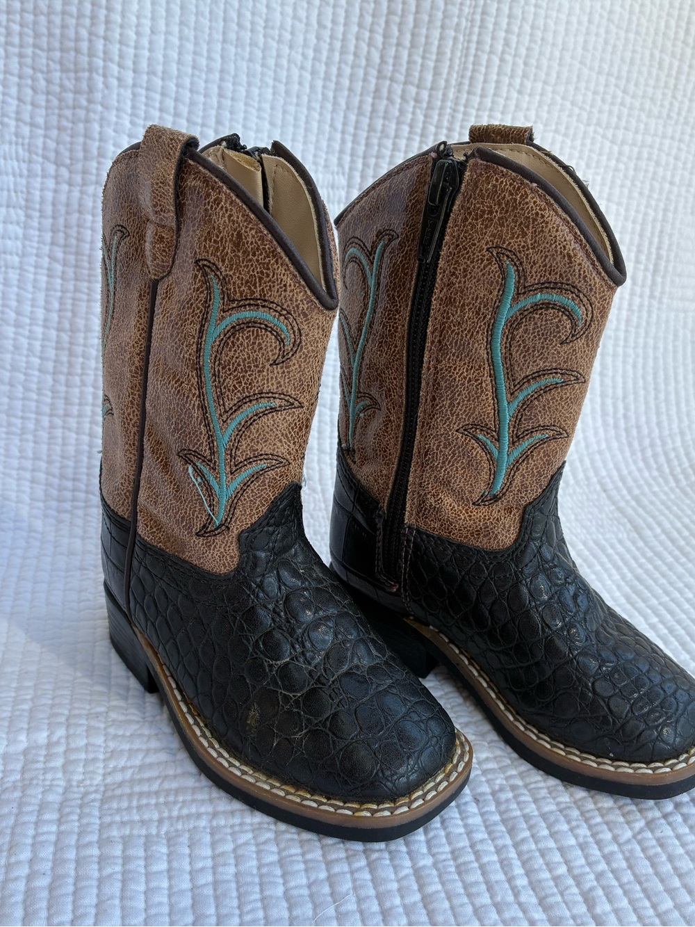 Old West Two-Tone Embossed Cowboy Boots with Turquoise Stitching